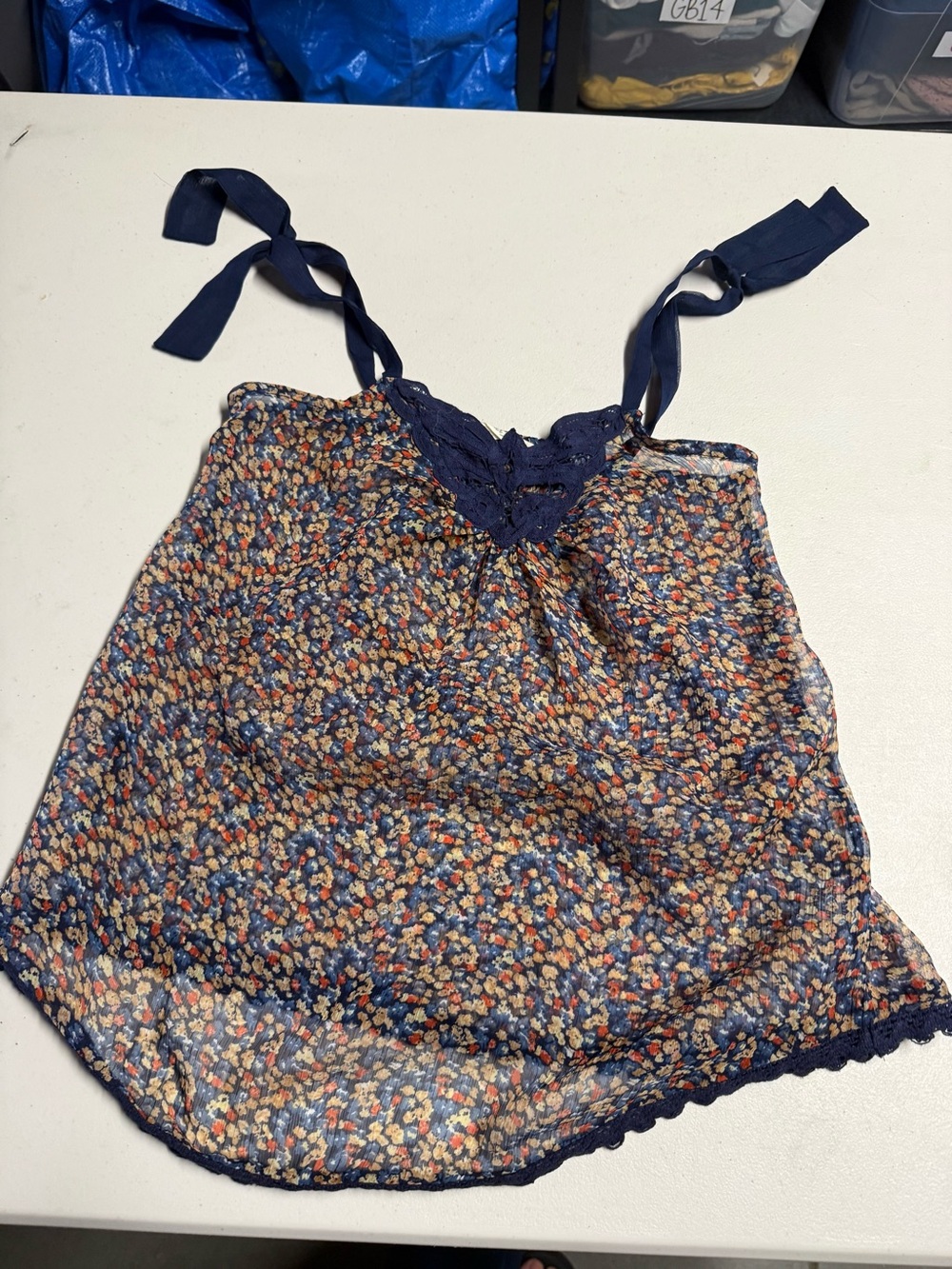 Vanilla Star Navy Ditsy Floral Tie-Strap Crochet Camisole Tank Top XSmall EUC